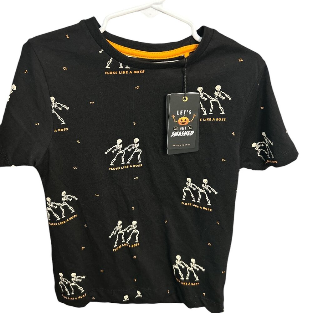 HALLOWEEN SHIRT KIDS DENIM & FLOWER FLOSS LIKE A BOSS BLACK SKELETON NWT
